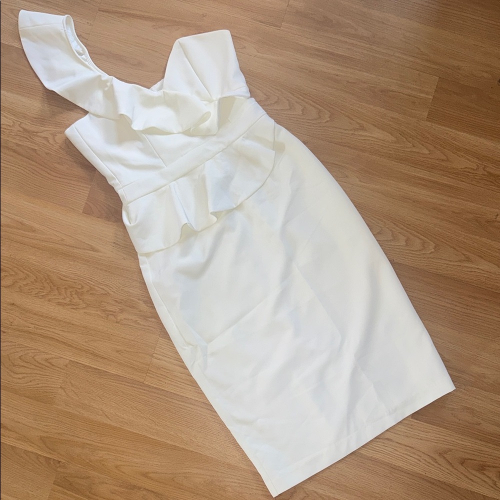 Bardot REVOLVE White Dress One Shoulder Ruffle Peplum Midi Size 6